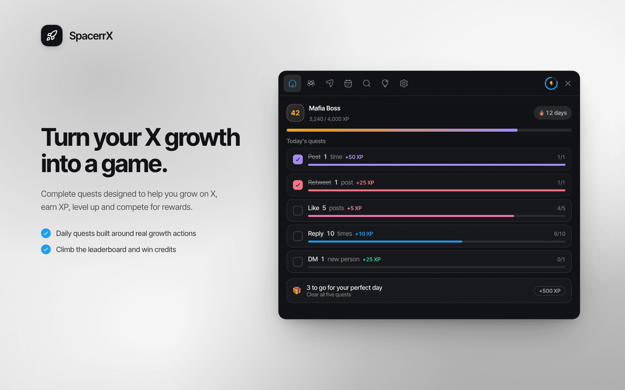 SpacerrX quests, XP and leaderboard